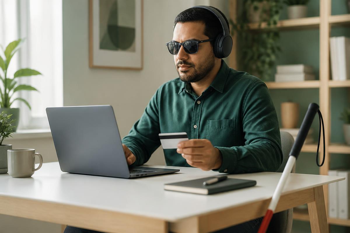 A blind man using headphones and a screen reader to pay online with a bank card