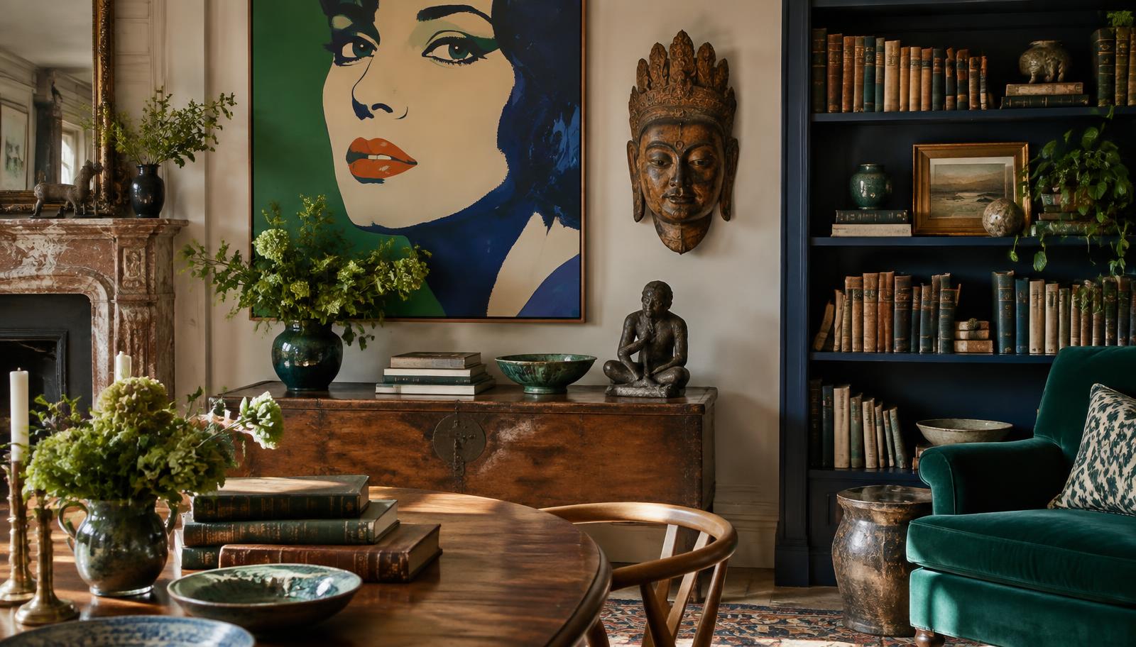 A home filled with paintings, a carved mask, antique books and art objects