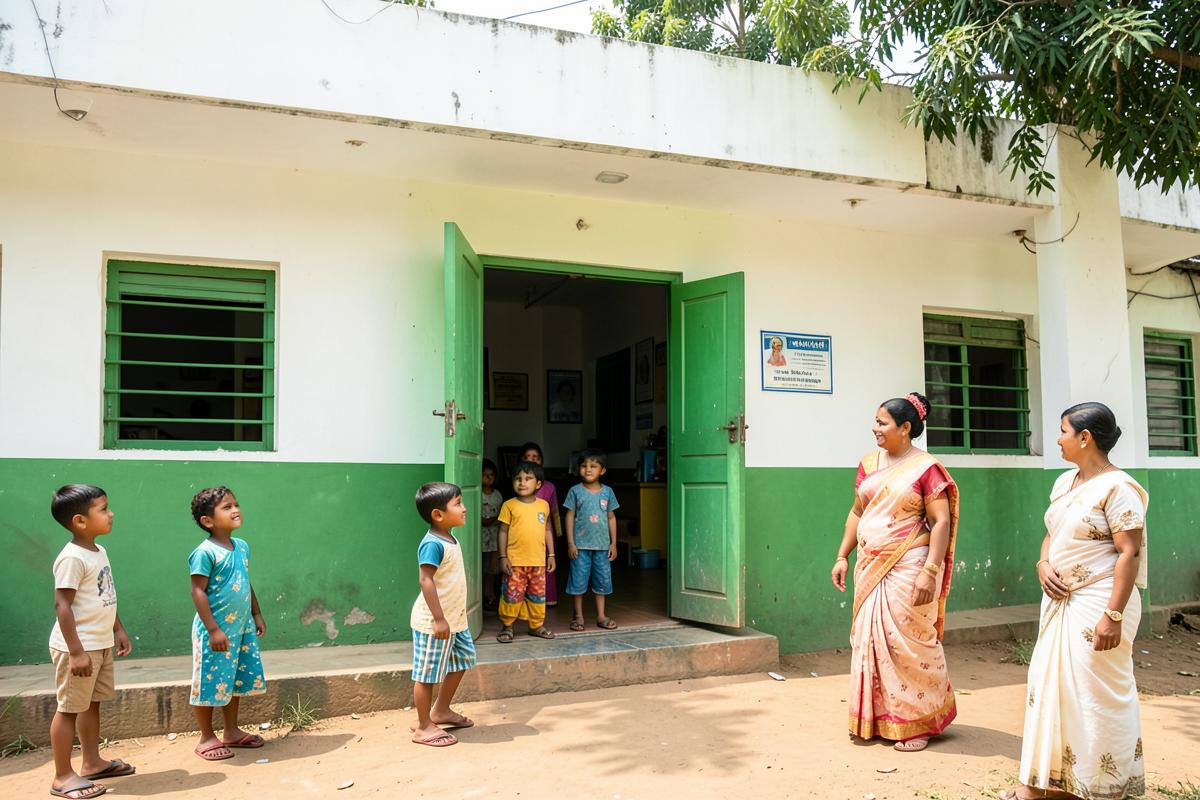 Children and caregivers outside a community building in India
