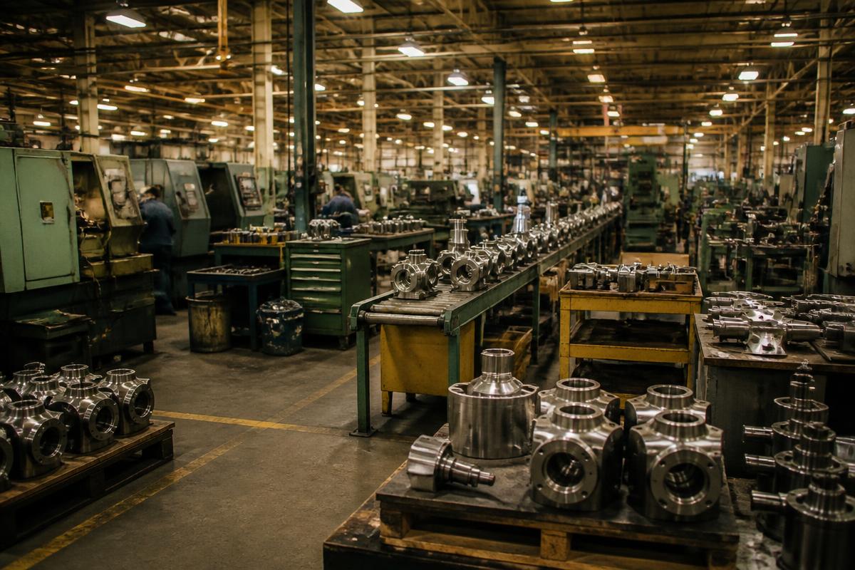 Hydraulic motor components on the floor of an American manufacturing plant